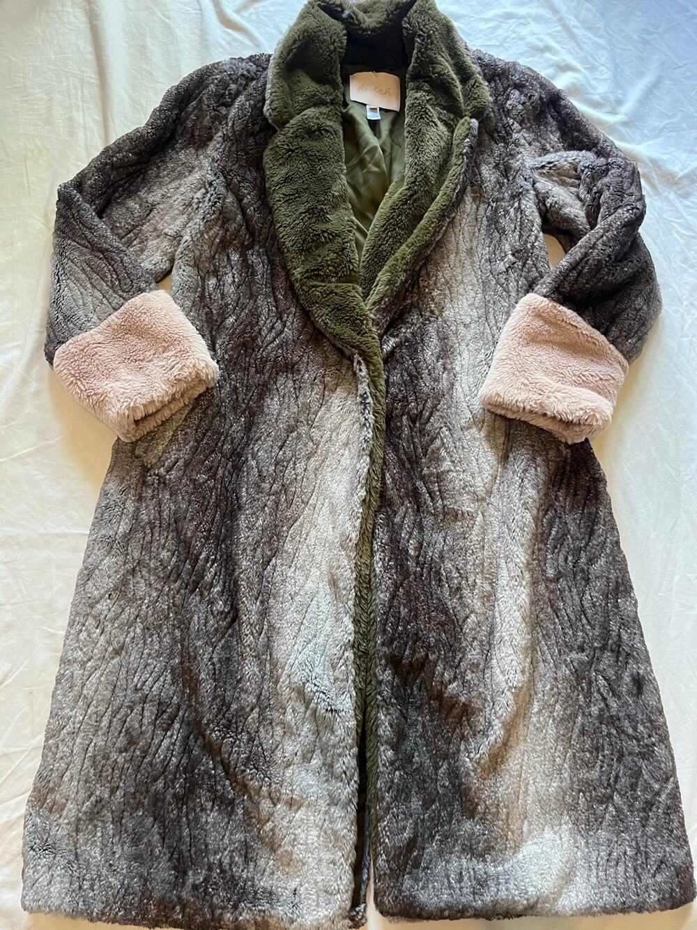 Hutch Anthropologie Finely Colorblock Faux Fur Duster Trench Coat XS Olive Pink